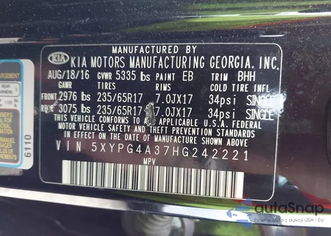 2017 Kia Sorento 2.4L Lx z USA, uszkodzony, nr VIN 5XYPG4A37HG242221